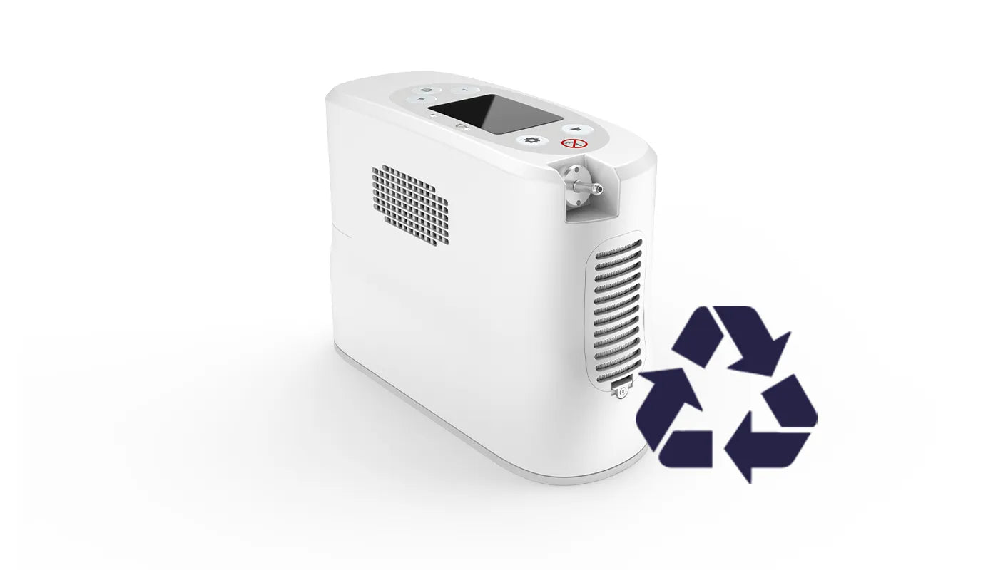 Kingon P2 portable oxygen concentrator with a recycle symbol. Shop now at Kingon Australia.