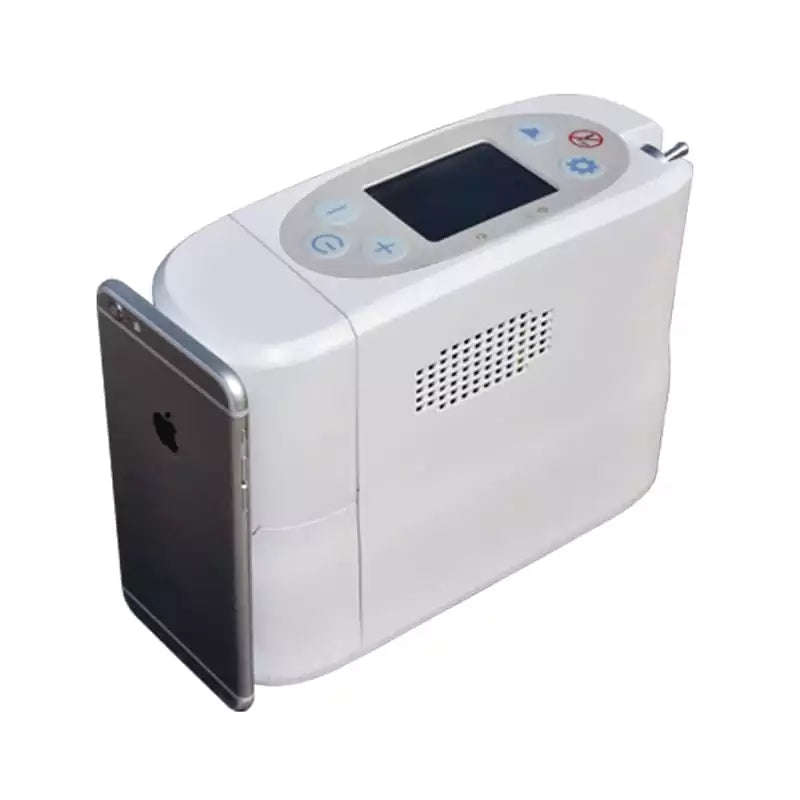 The small Kingon P2 Portable Oxygen Concentrator next to an iPhone 6 used as a size comparison. 