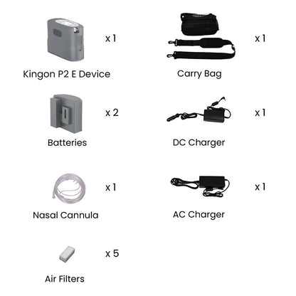 Kingon P2-E portable oxygen concentrator kit contents. Shop now at Kingon Australia.