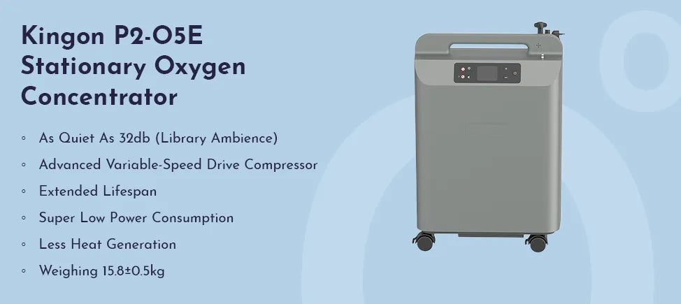 Kington P2-O5E Stationary Oxygen Concentrator with features listed on a blue background.