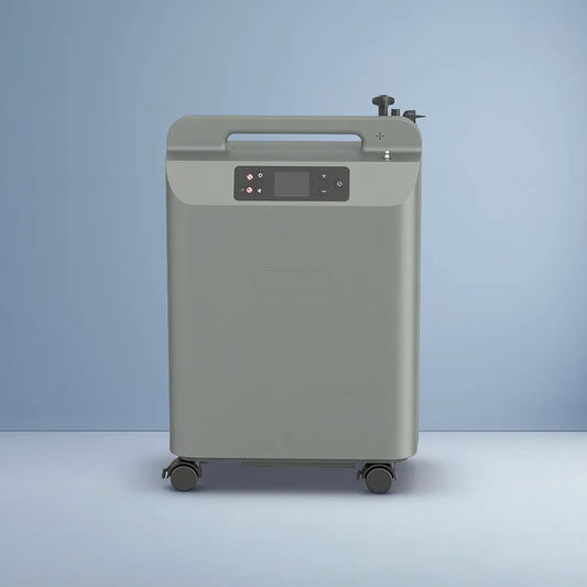 Kingon P2-O5E stationary oxygen concentrator on a blue background. Shop now at Kingon.