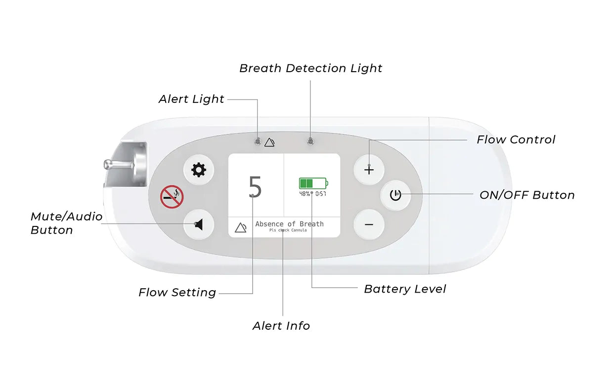 A Kingon P2 portable oxygen concentrator panel diagram.