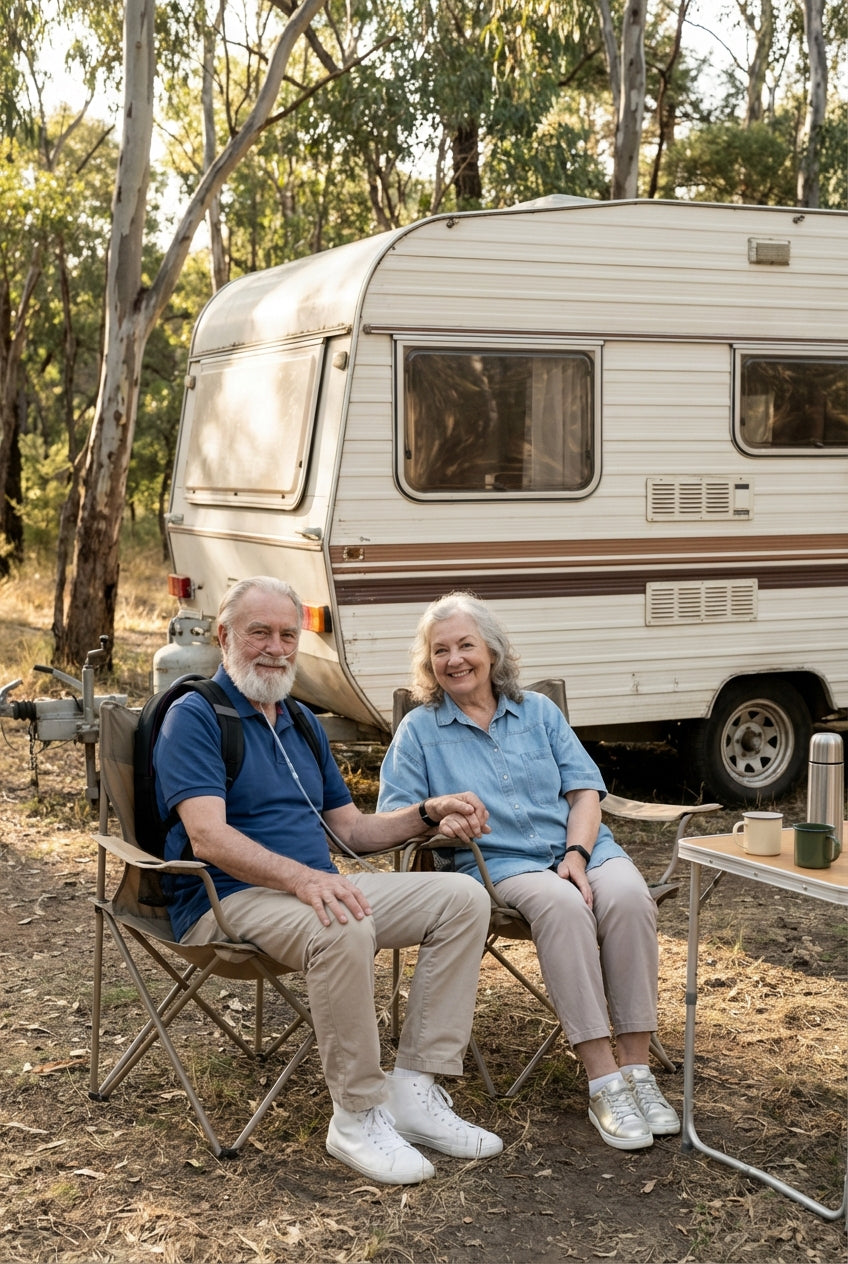 Senior couple sitting in front of a vintage caravan in a forest setting