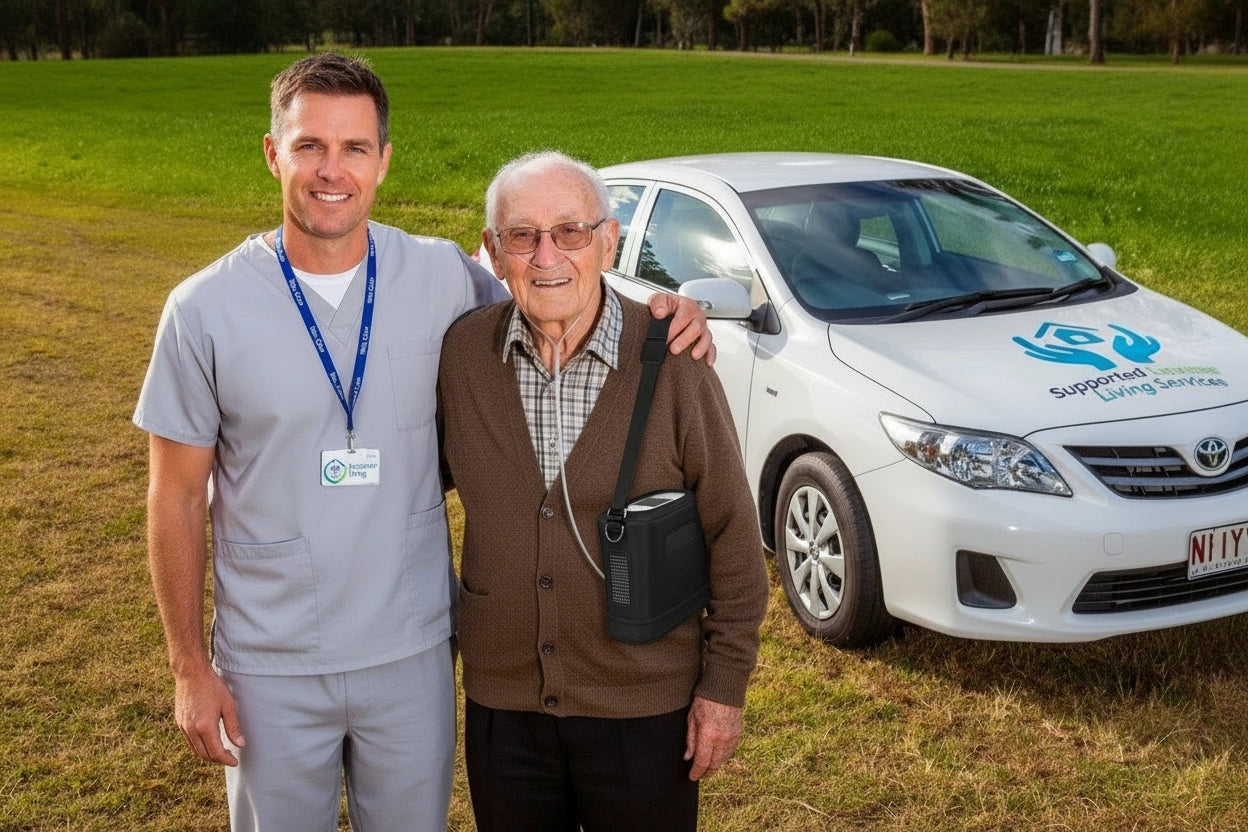 Caregiver and old man standing together smiling. Old man is wearing Kingon P2 carry bag.